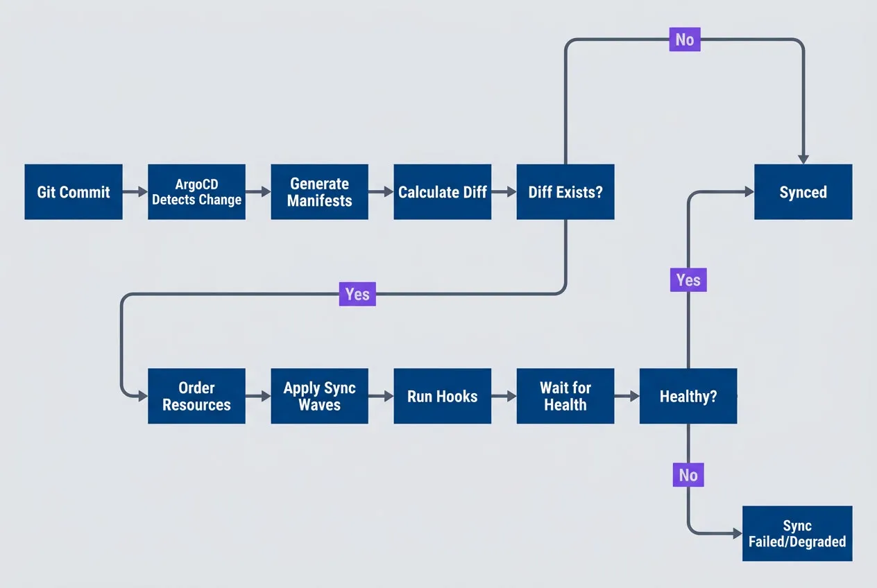 ArgoCD sync process from Git commit to healthy application state