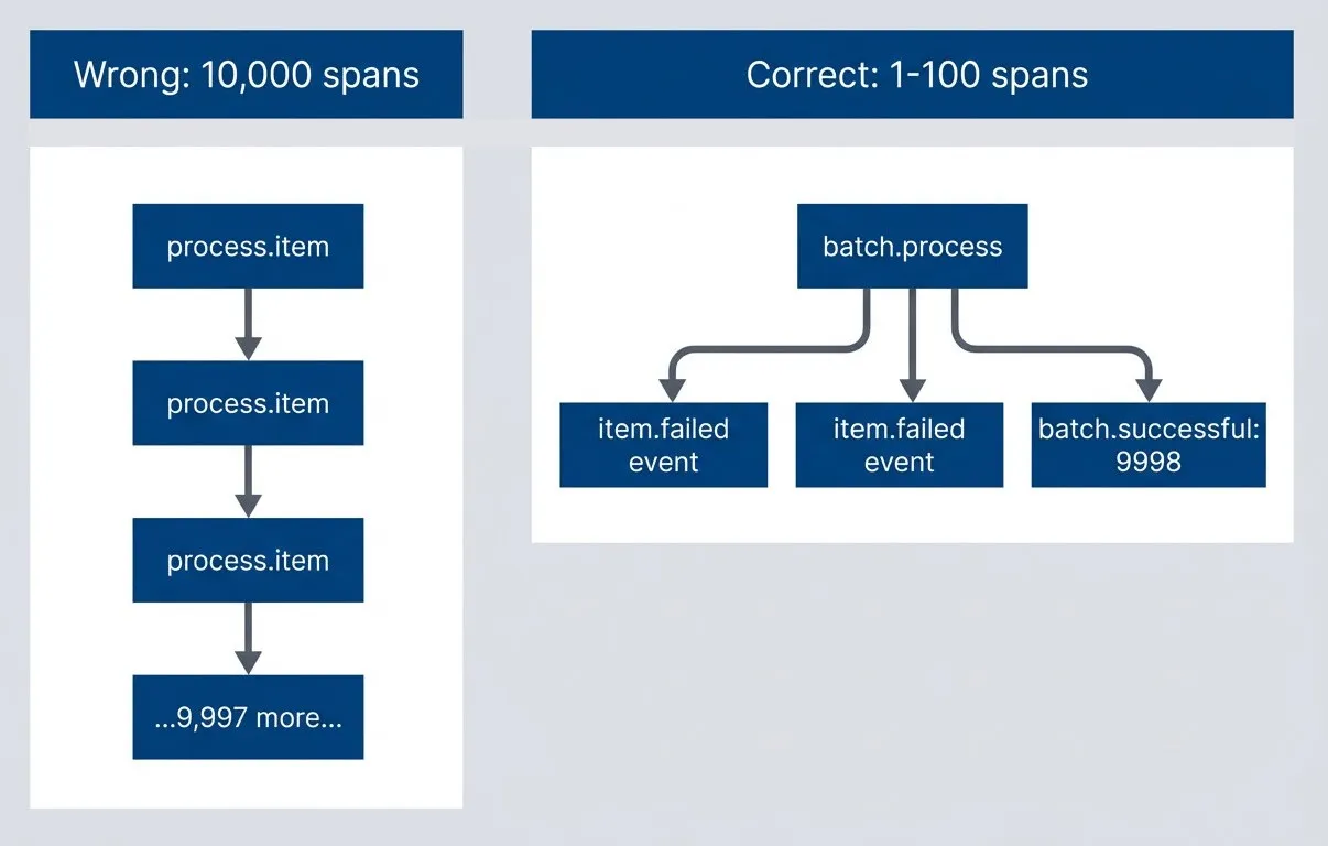 Batch instrumentation approaches — events vs spans.