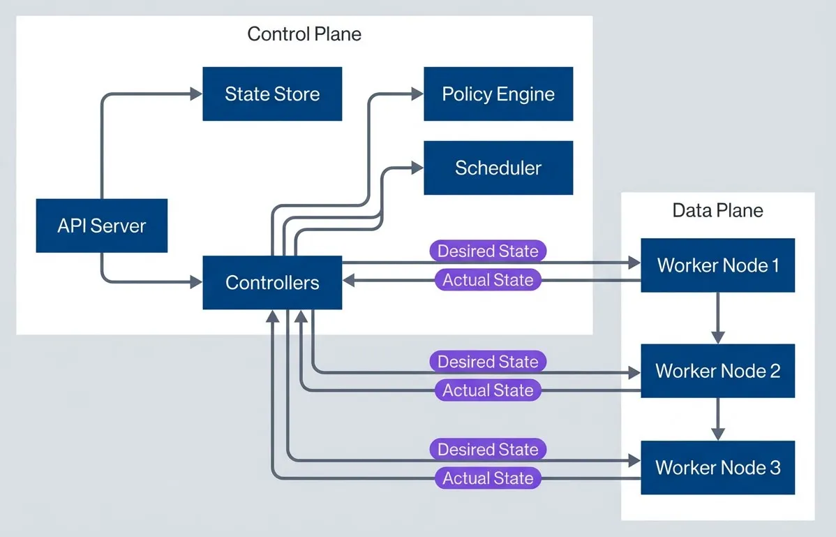 Control plane pushes desired state to data plane - data plane reports actual state back.