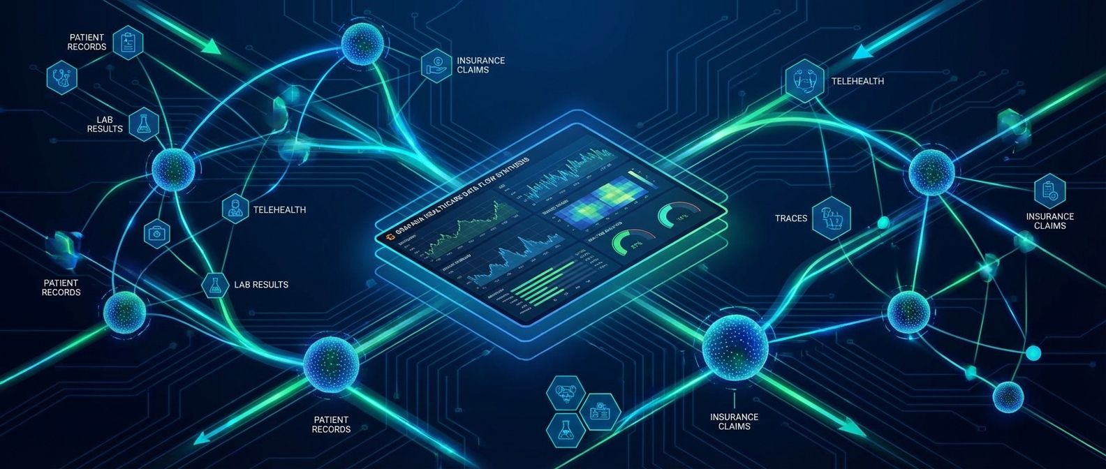 Neural network visualization showing services as nodes with trace connections, central dashboard synthesizing observability data