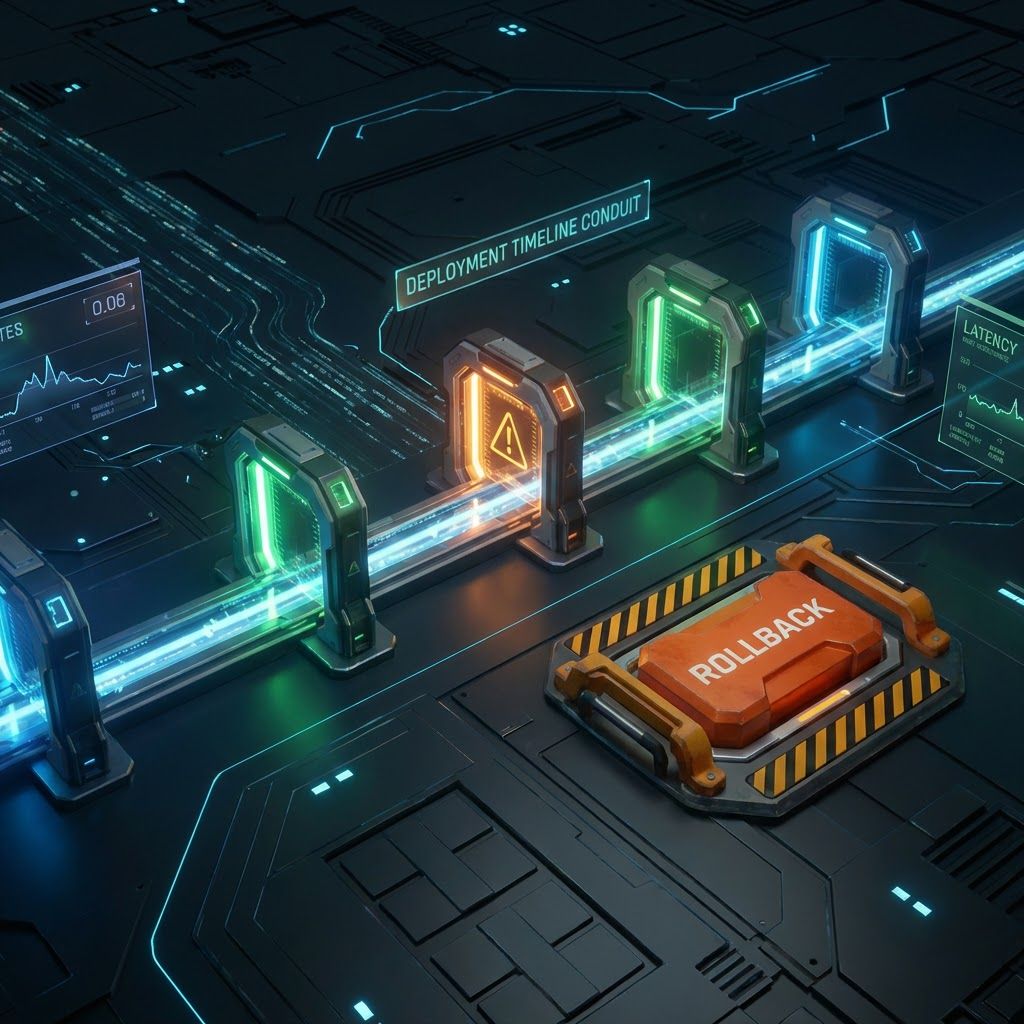 Release health dashboard showing deployment timeline with health gates, metrics panels for error rates and latency, and rollback button