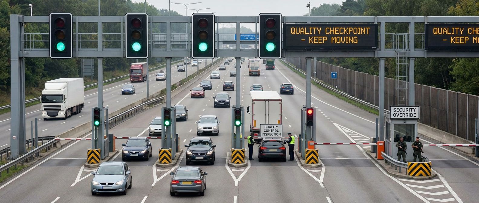 Highway with quality checkpoint traffic lights showing green passing gates, red failing gate stopping one lane, and secure override lane