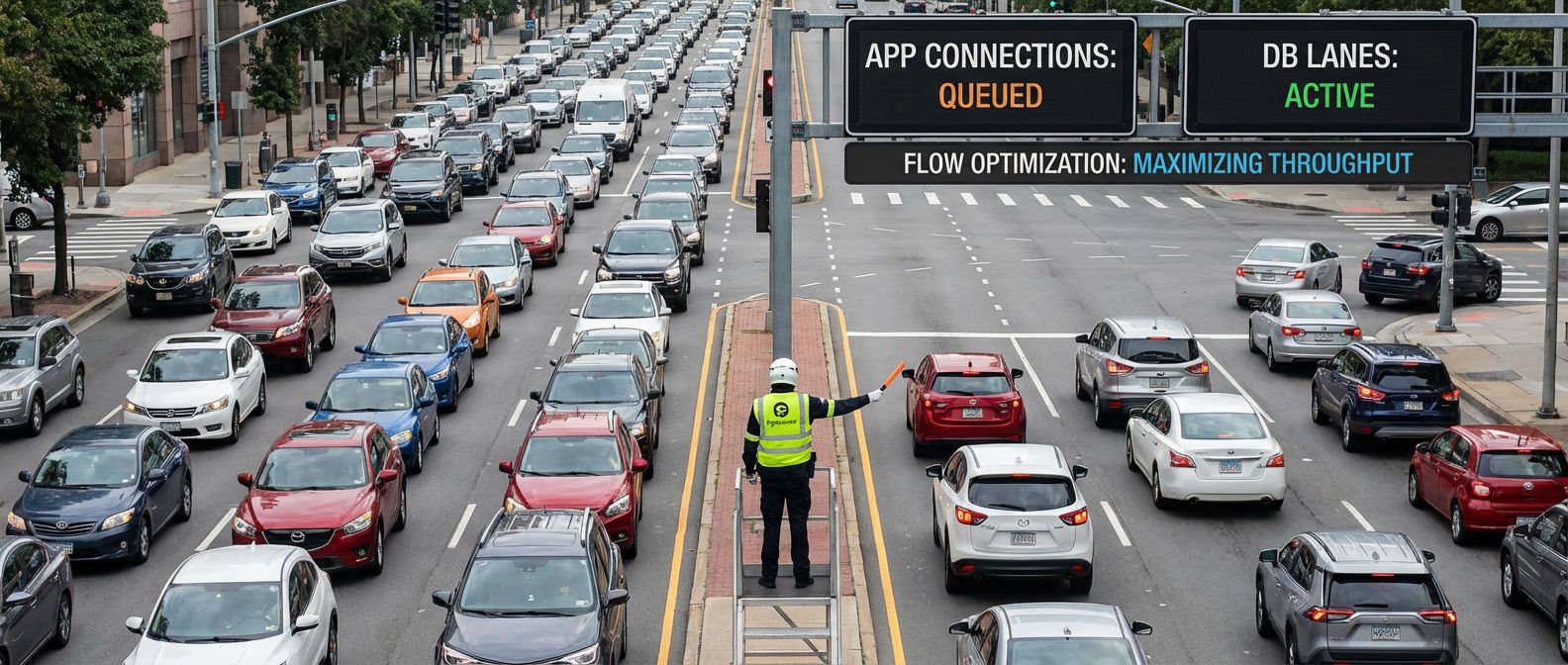 Traffic intersection with controller (PgBouncer) efficiently managing many cars (app connections) crossing through limited lanes (database connections)