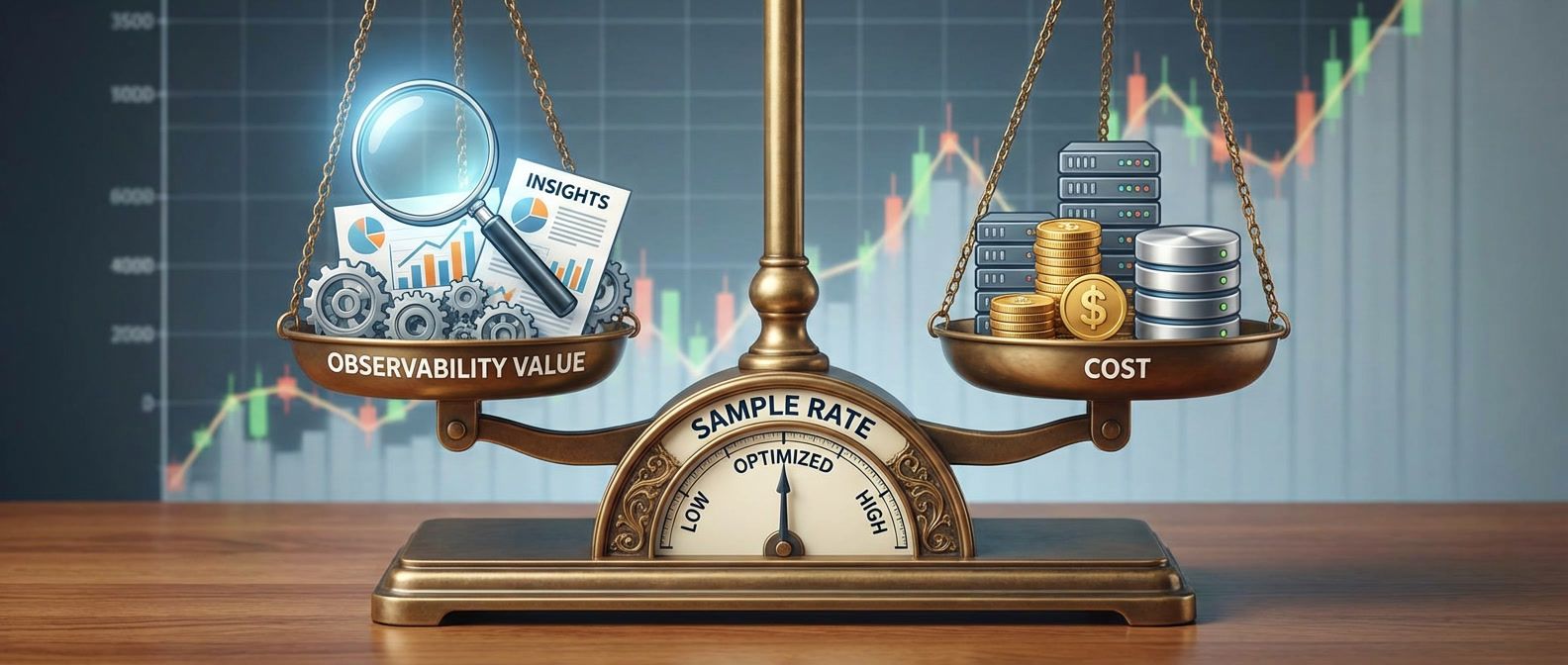 Balance scale showing observability value versus cost trade-off, with sample rate dial controlling the equilibrium point