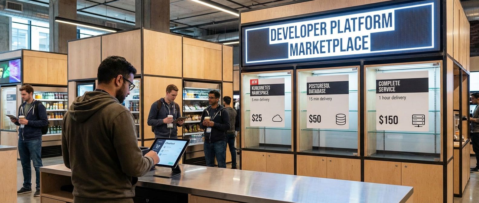 Developer platform marketplace showing self-service offerings like Kubernetes namespaces and databases with delivery times and shopping cart checkout