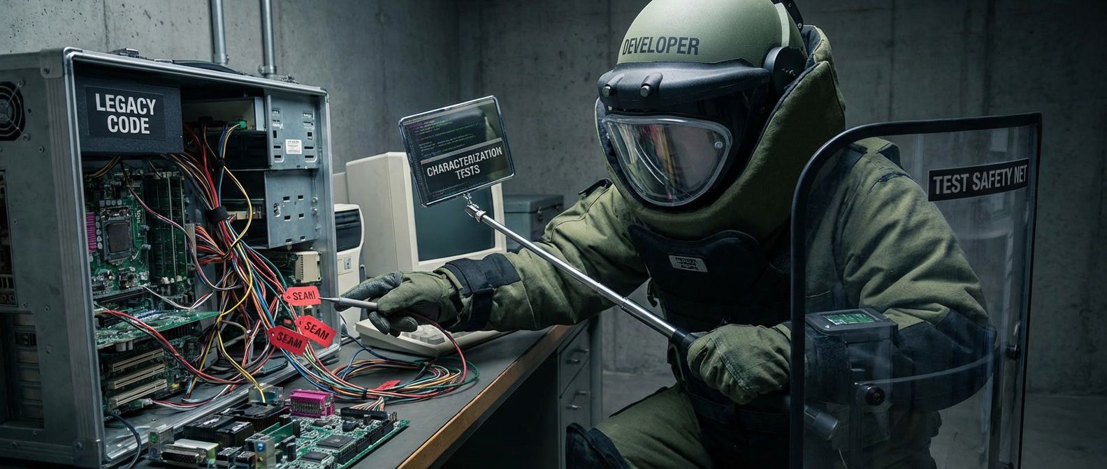 Bomb disposal expert analyzing complex device with mirrors and identifying safe cutting points, representing careful legacy code refactoring with characterization tests