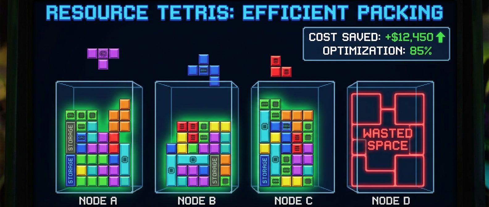 Tetris-style pod packing visualization showing efficient resource allocation in Kubernetes nodes with cost savings scoreboard and highlighted waste