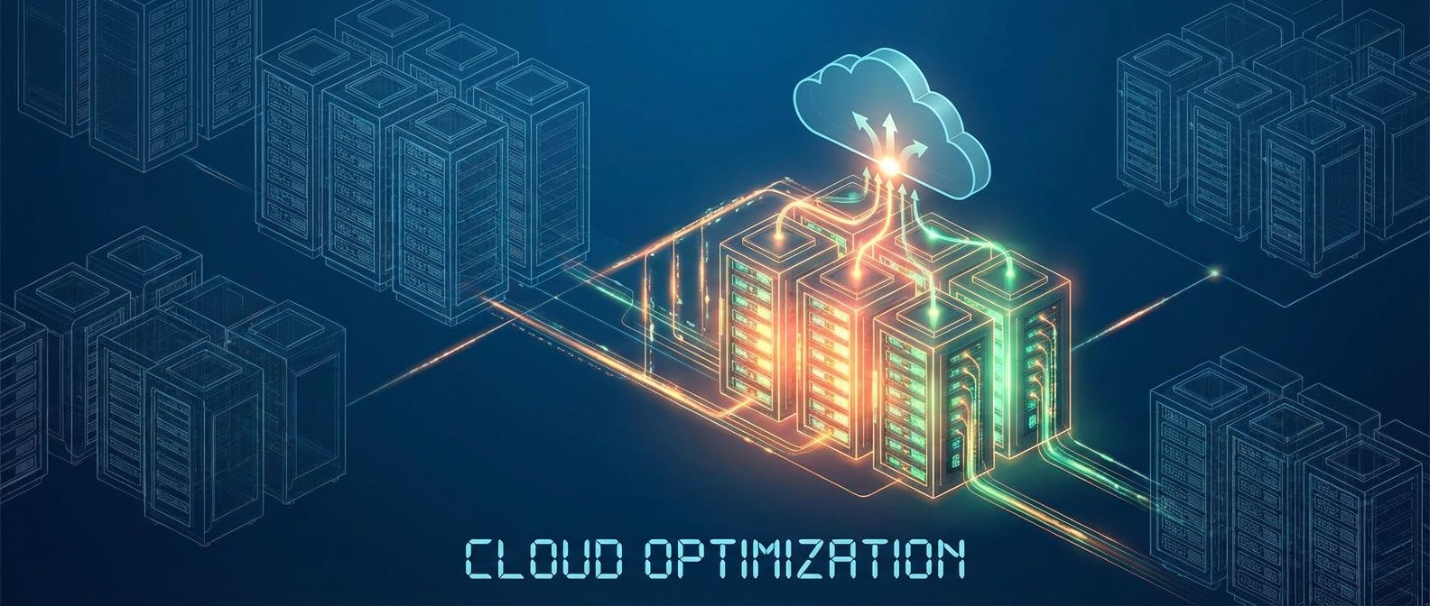 Cloud data center with some server racks fading out while others glow brighter, representing resource consolidation and optimization