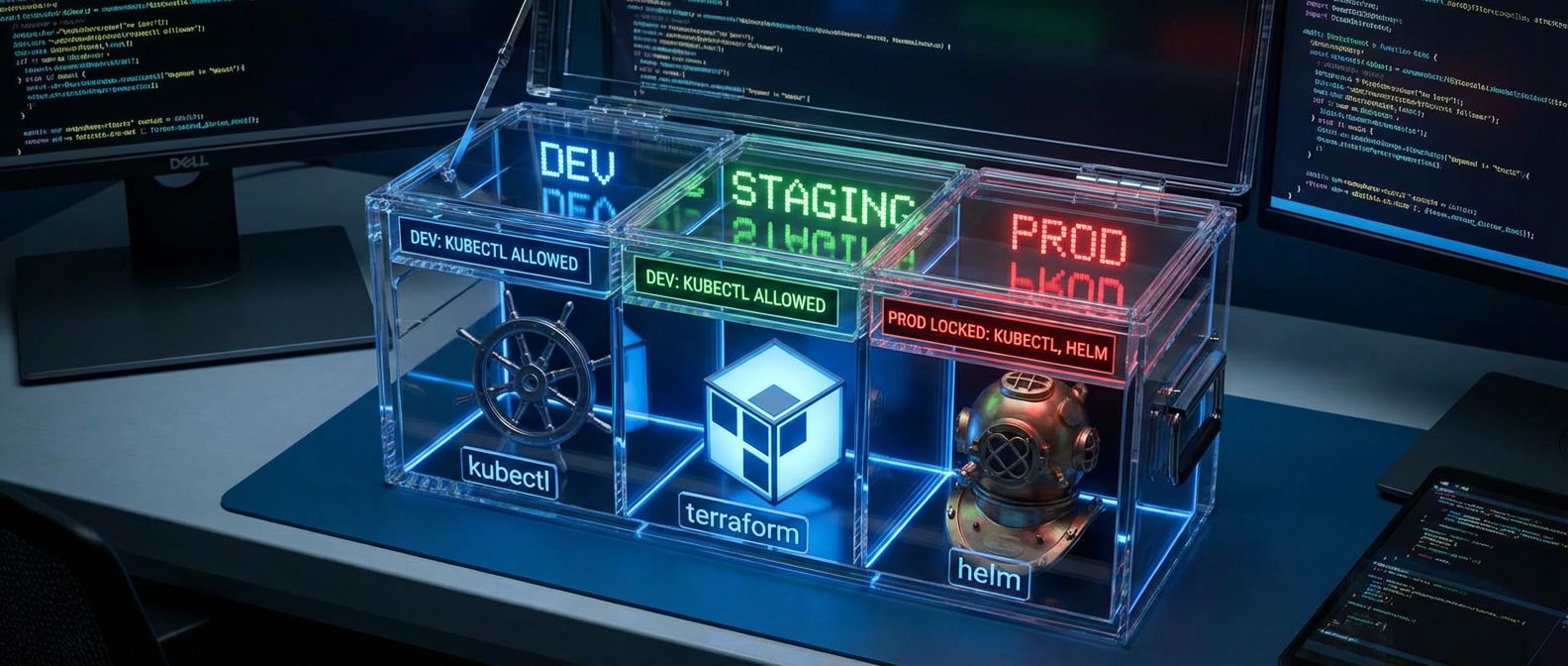Transparent toolbox with organized compartments holding kubectl, terraform, and helm tools, labeled by environment with smart access controls
