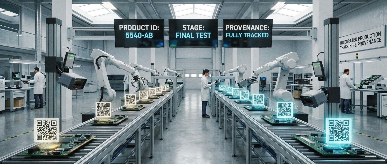 Manufacturing assembly line with products being scanned with QR codes and digital tags for provenance tracking through production