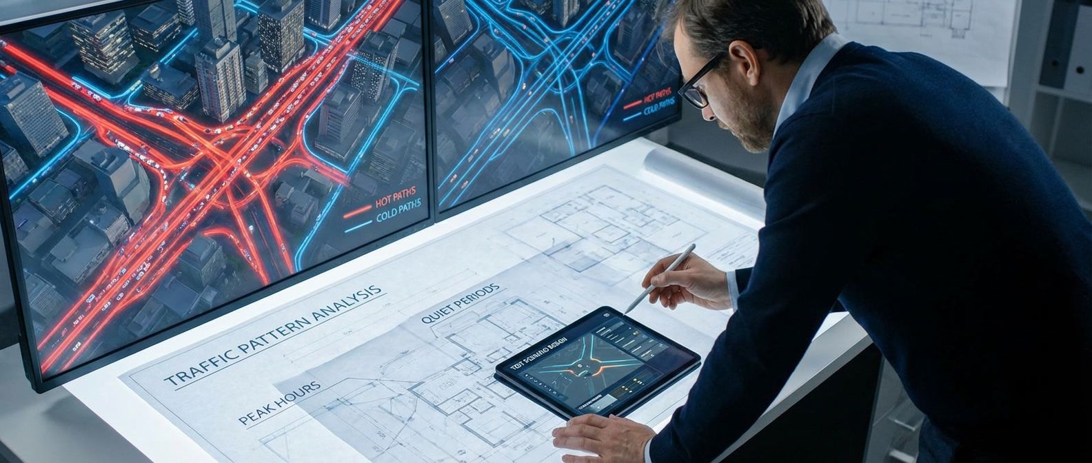 Architect studying traffic pattern blueprints overlaid on city showing congested hot paths and empty cold paths for realistic performance test design
