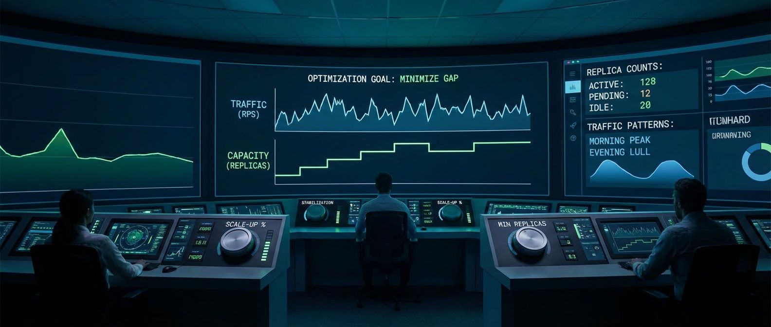 Control room with HPA dashboards showing traffic patterns and replica counts, operators tuning stabilization and scaling parameters to minimize capacity gaps