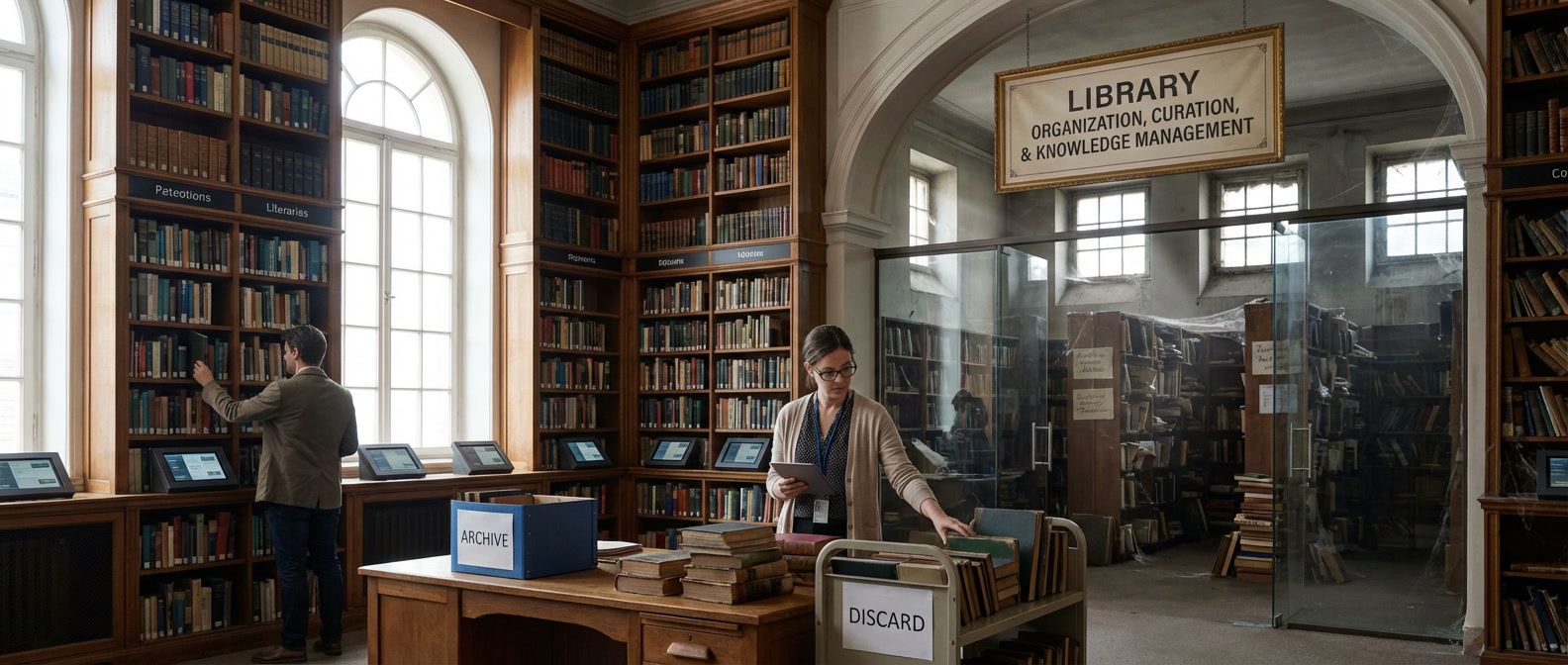 Library with organized and neglected sections, librarian curating books into archive and discard piles, representing dashboard hygiene and metric pruning
