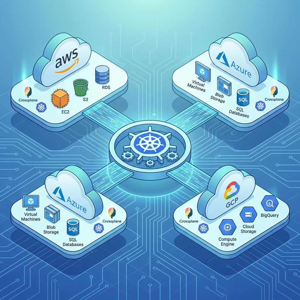 Abstract Kubernetes control plane diagram branching into multi-cloud resource nodes