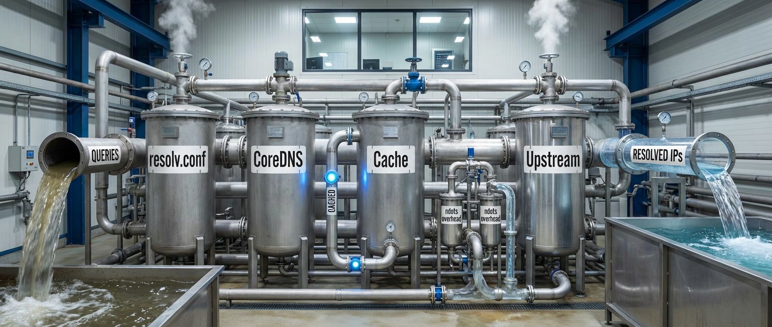 DNS resolution pipeline showing queries flowing through resolv.conf, CoreDNS, cache, and upstream filters with efficiency visualization