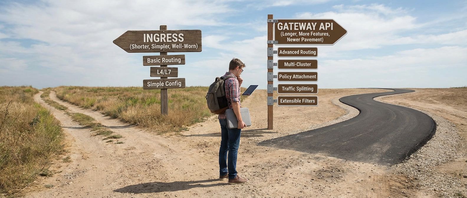 Fork in road showing Ingress path (shorter, simpler, well-worn) versus Gateway API path (longer, more features, newer pavement) with feature signposts