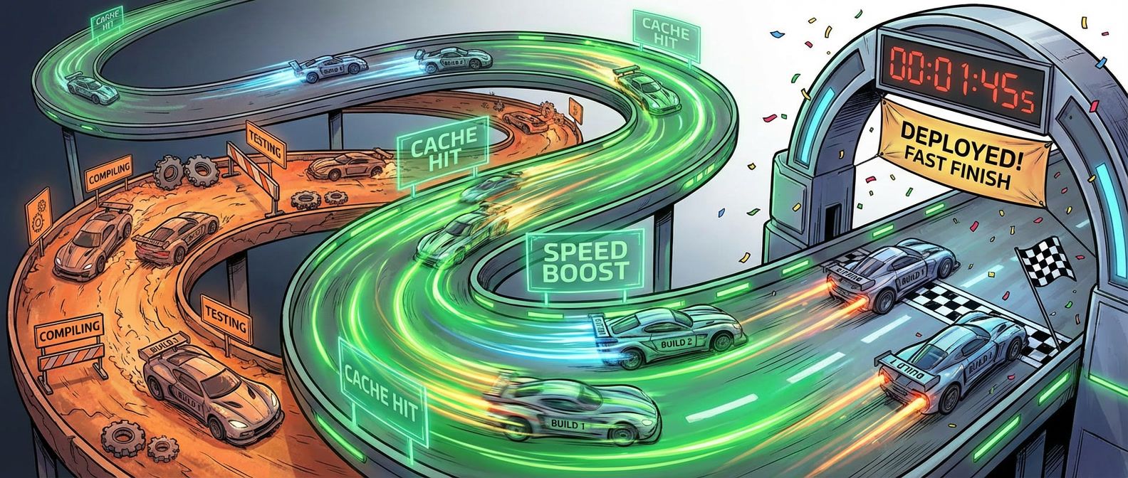CI pipeline racing track with builds as cars, showing cached fast lanes with motion blur versus slower uncached sections and reduced build time at finish