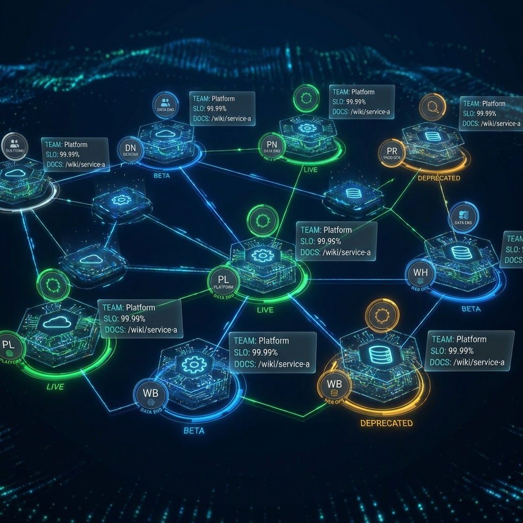 Service catalog showing interconnected nodes with ownership badges, dependency lines, lifecycle status, and metadata panels