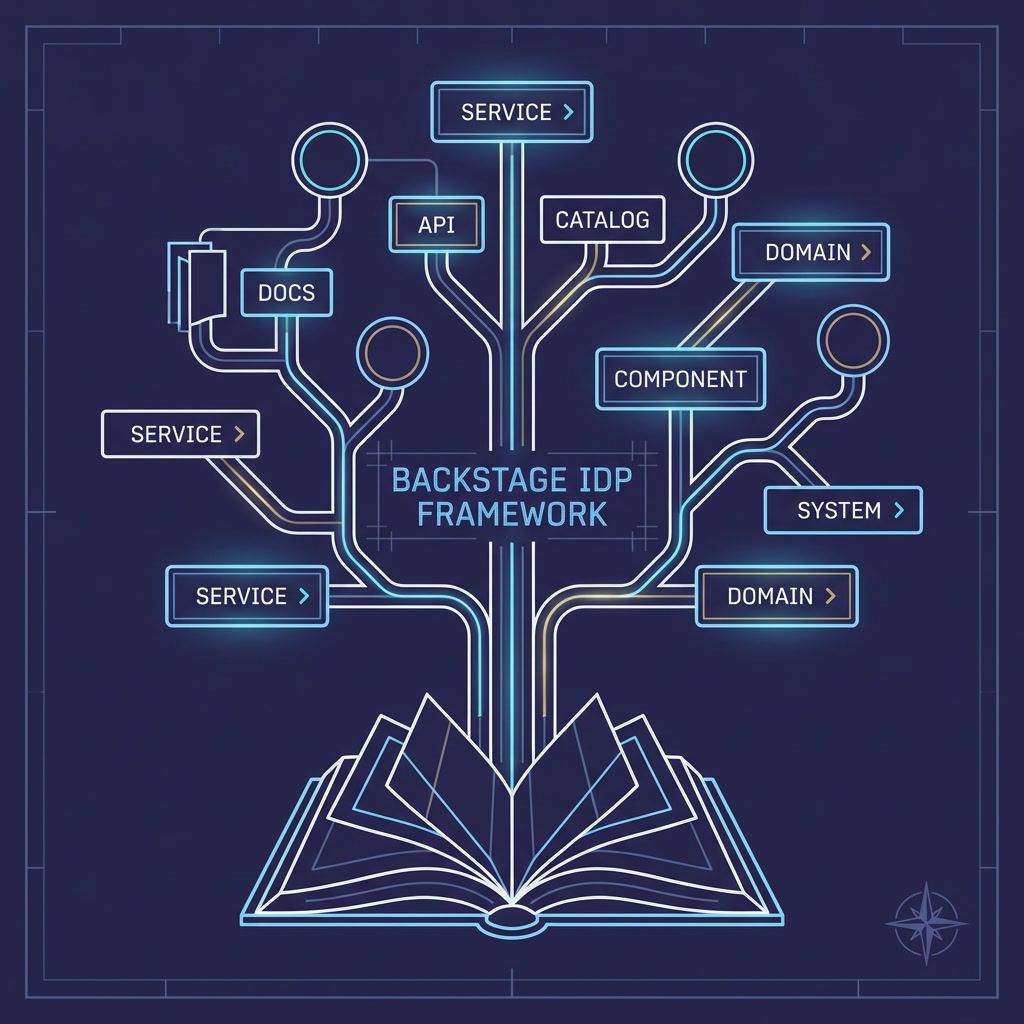 Stylized developer portal dashboard with interconnected service catalog tiles