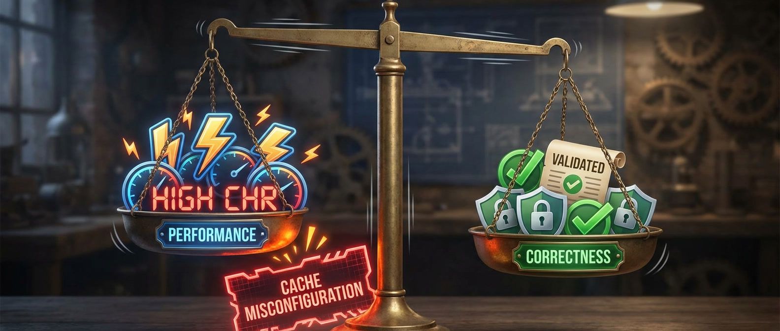 Balance scale showing performance versus correctness trade-off, with cache misconfiguration tipping the scale dangerously toward performance