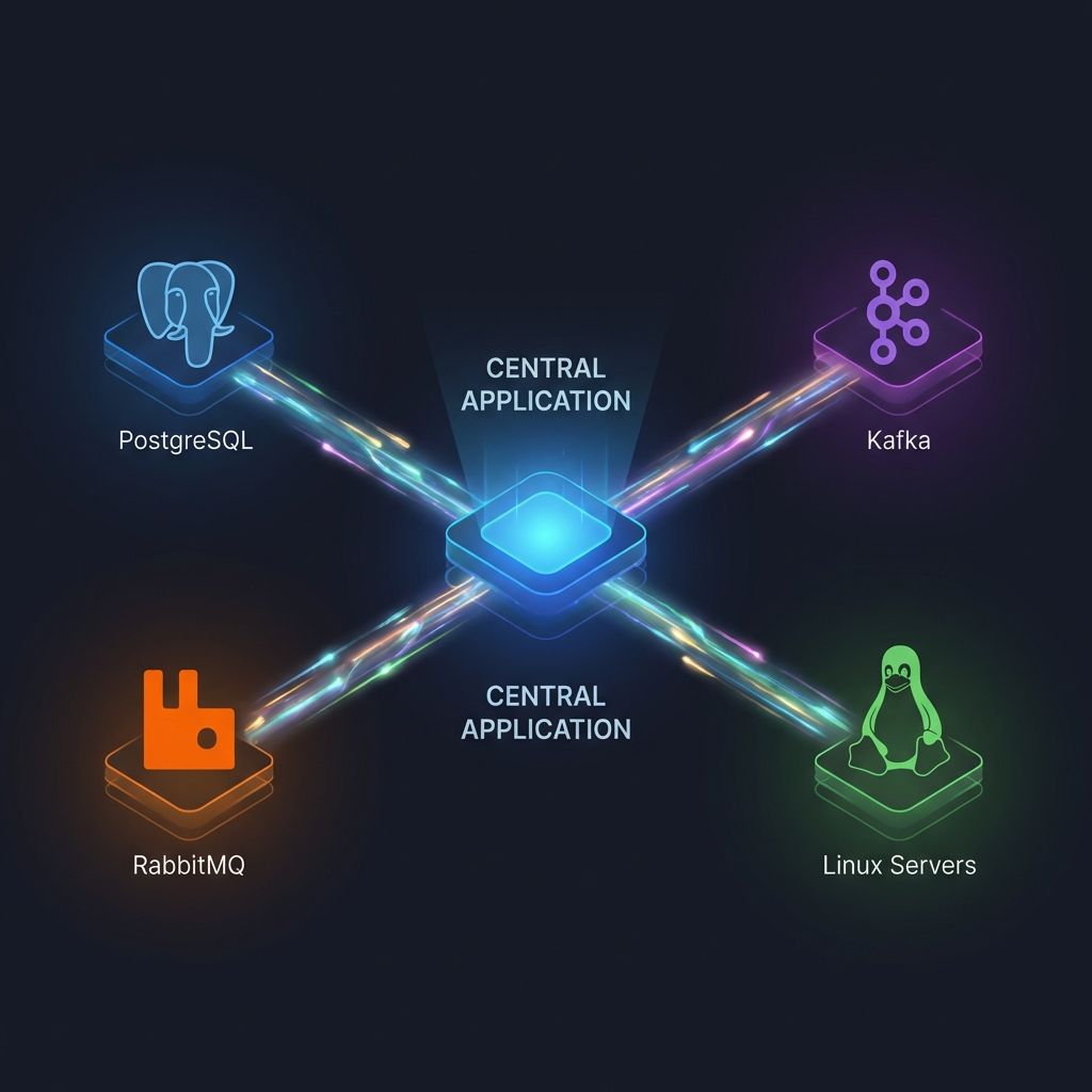 System architecture showing central application node connected to PostgreSQL, RabbitMQ, Kafka, and Linux servers with data flow streams