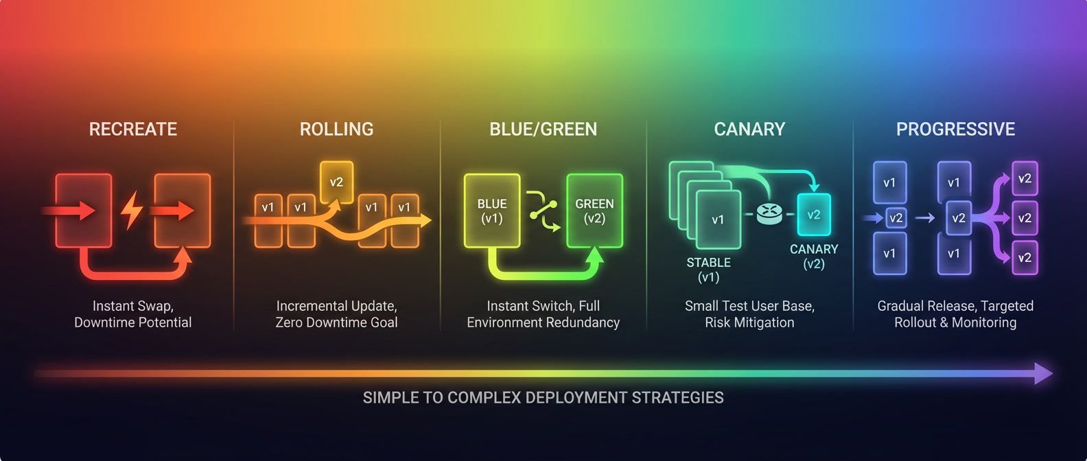 Deployment strategy spectrum showing progression from simple to complex: Recreate, Rolling, Blue/Green, Canary, and Progressive deployment patterns