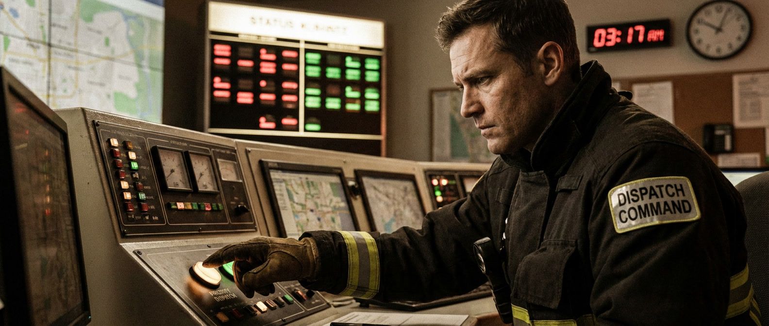 Firefighter at control panel deciding which emergency to respond to, representing alert prioritization and triage decisions