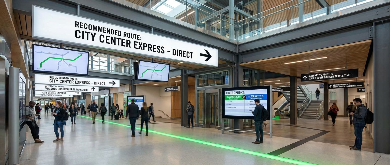 Transit hub showing highlighted recommended route alongside alternative paths, representing golden path choice architecture for developers