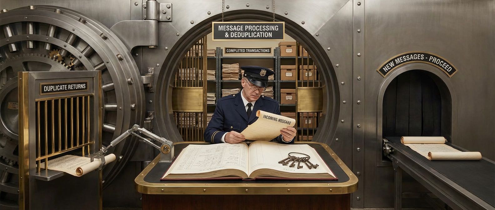 Secure vault with guardian checking incoming messages against ledger of processed keys, turning away duplicates while admitting new messages