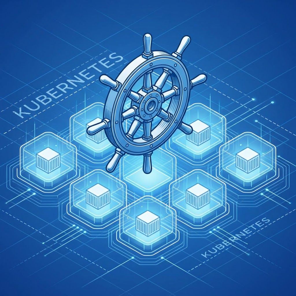 Kubernetes helm wheel logo at the center of an interconnected node and pod network