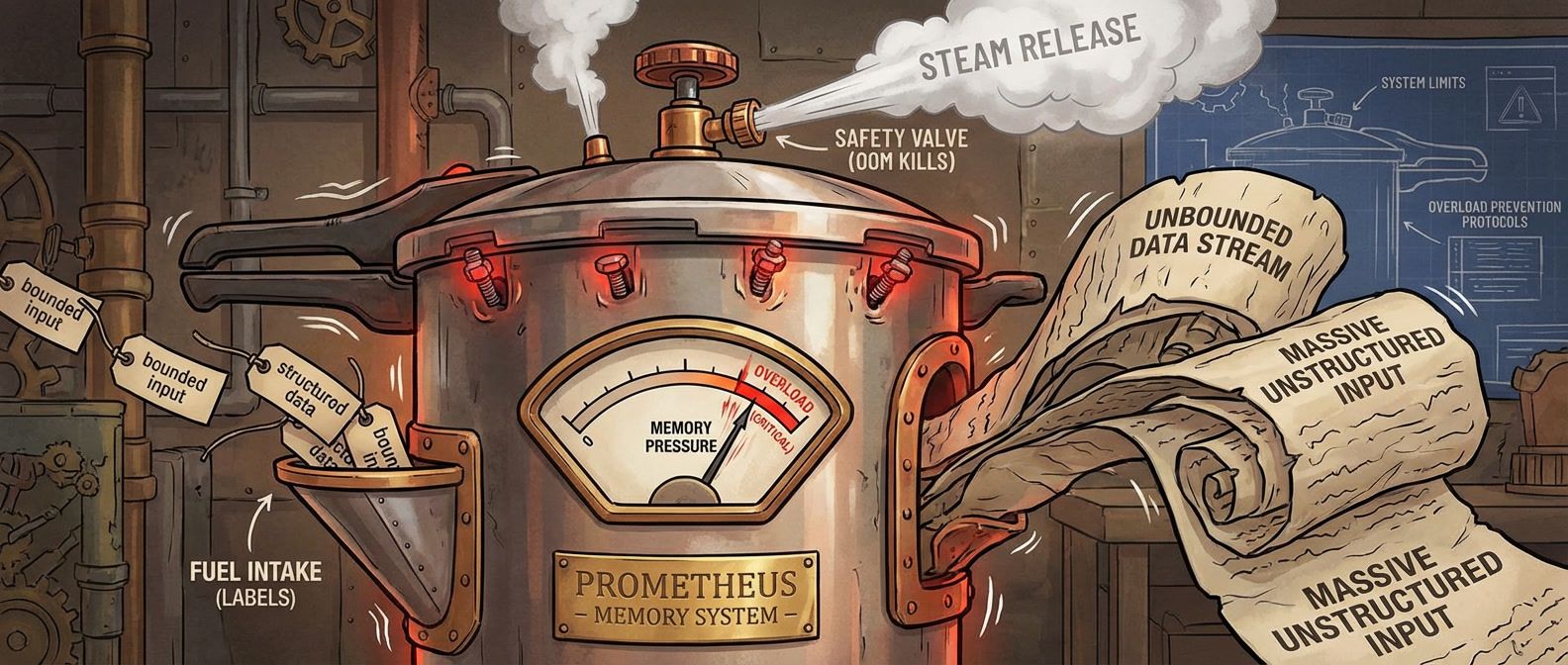 Prometheus pressure cooker with memory gauge spiking to red zone from unbounded labels, showing bounded versus unbounded label impact