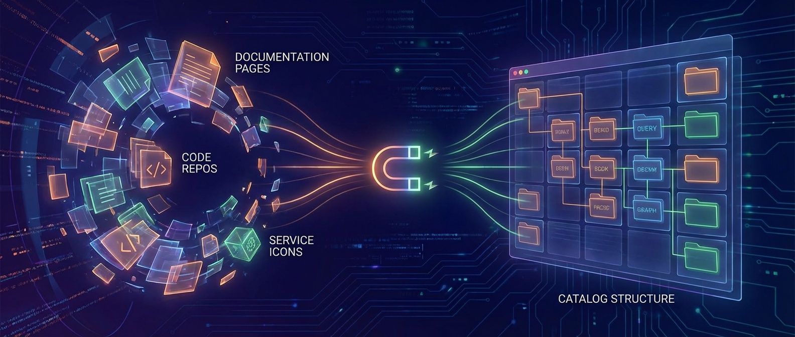 Scattered documentation and services being pulled together into organized catalog structure, transformation from chaos to order