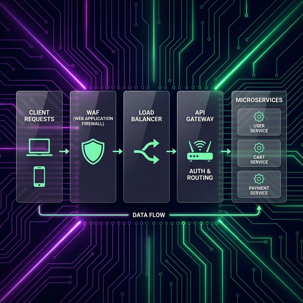 Layered API architecture diagram showing client requests flowing through WAF, load balancer, API gateway, and microservices layers