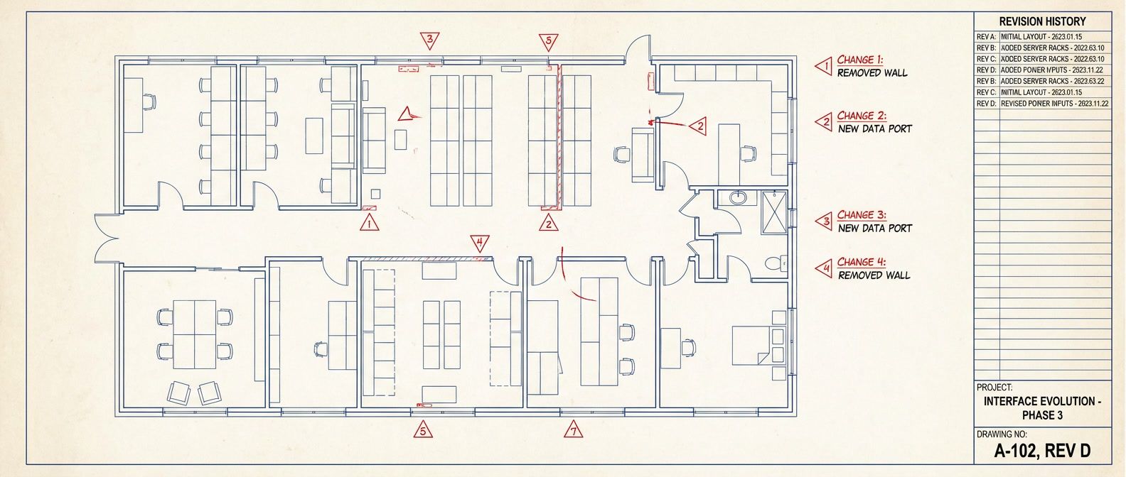 Technical blueprint with version numbers, revision marks, and change annotations documenting interface evolution over time