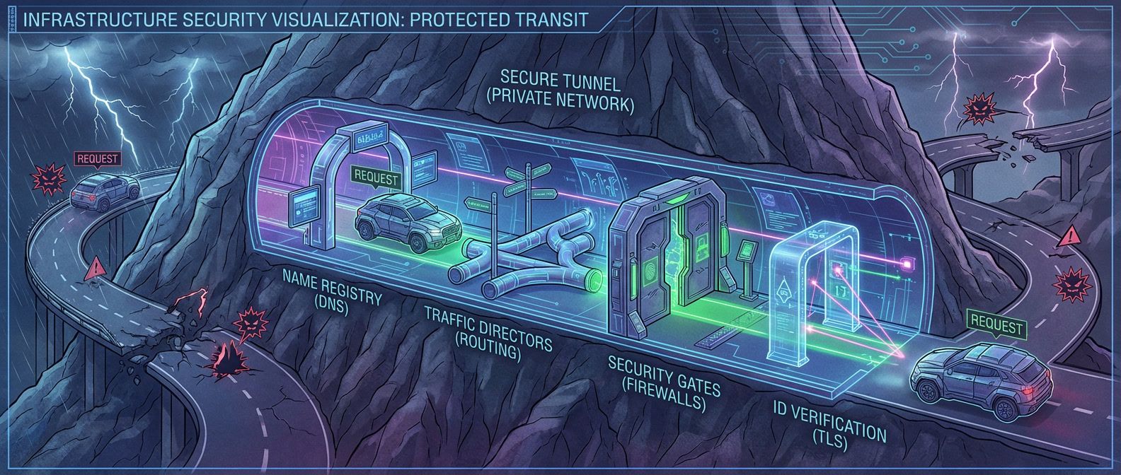 Secure tunnel through mountain with checkpoints for DNS, routing, firewalls, and TLS verification, contrasting with exposed open roads outside