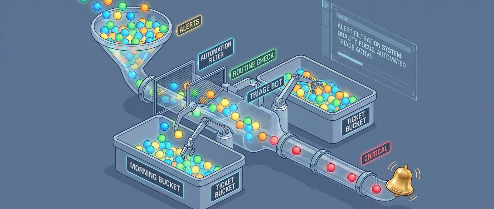 Alert filtration system showing incoming alerts passing through automation filters, routing most to morning and ticket buckets with only critical alerts reaching notification bell