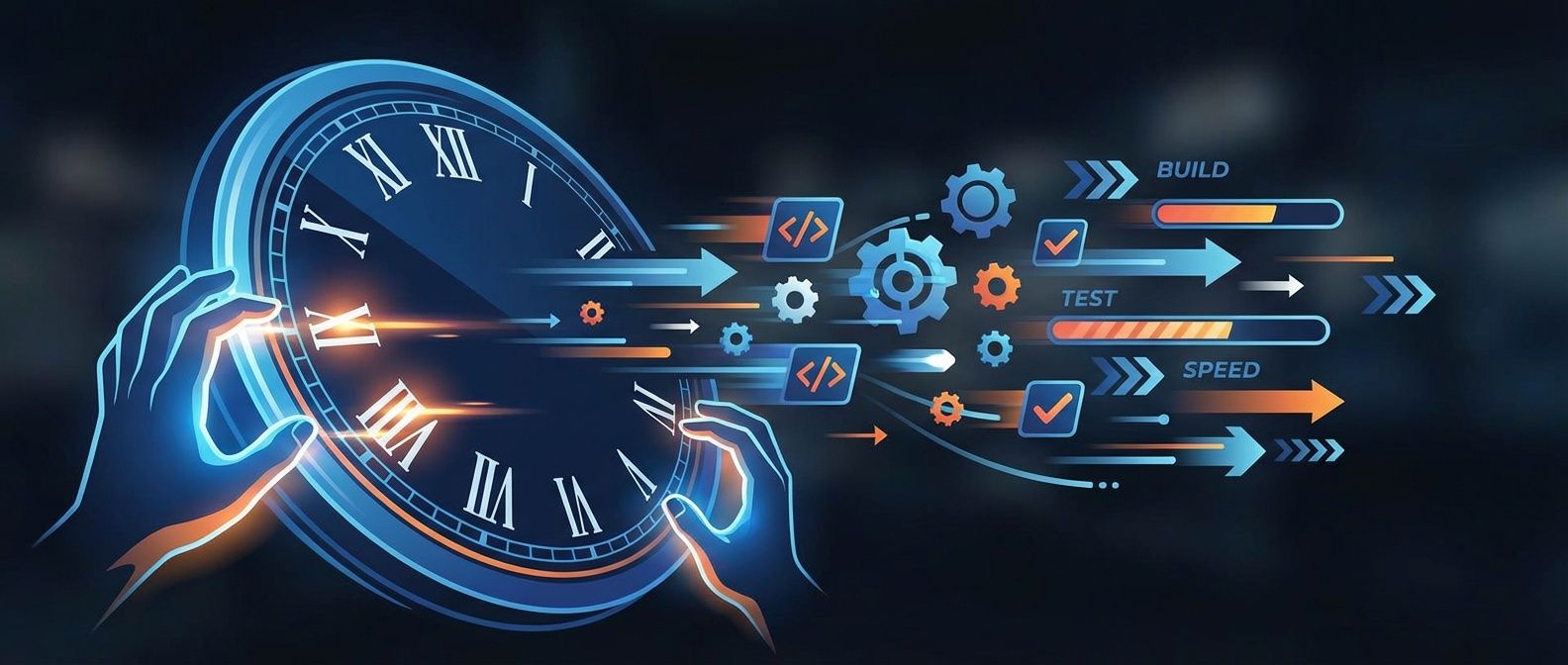 Clock showing build time compression from 45 to 8 minutes with build artifacts and test icons