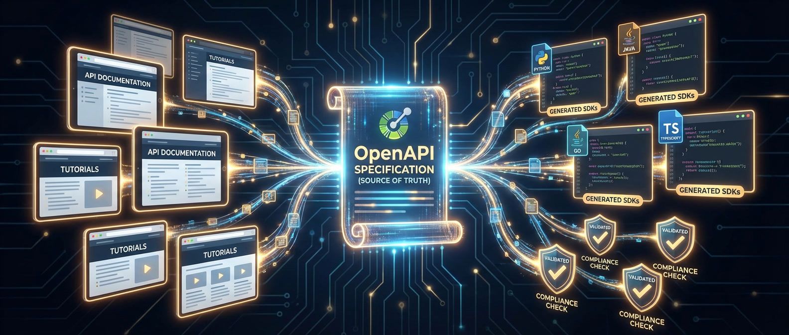Central glowing OpenAPI spec document with streams flowing to documentation pages, SDK code in multiple languages, and validation shields