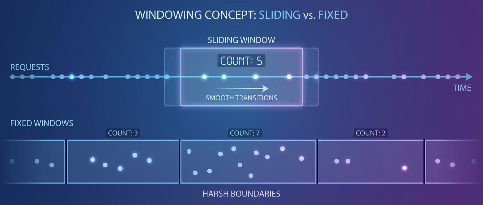 Sliding window visualization showing window frame moving across timeline counting request dots, comparing fixed versus sliding window boundaries