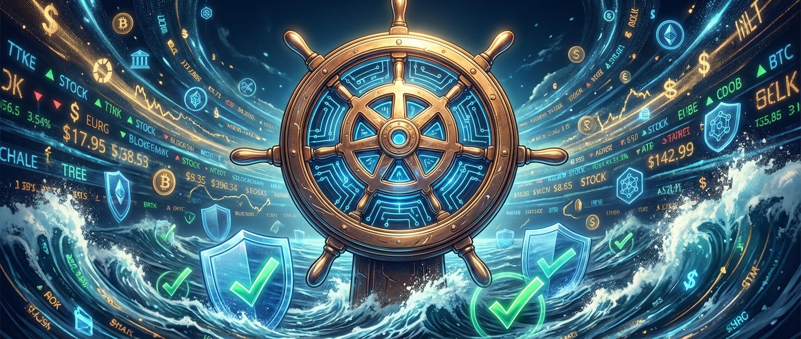 Kubernetes helm steering through financial data streams with security shields and compliance checkmarks