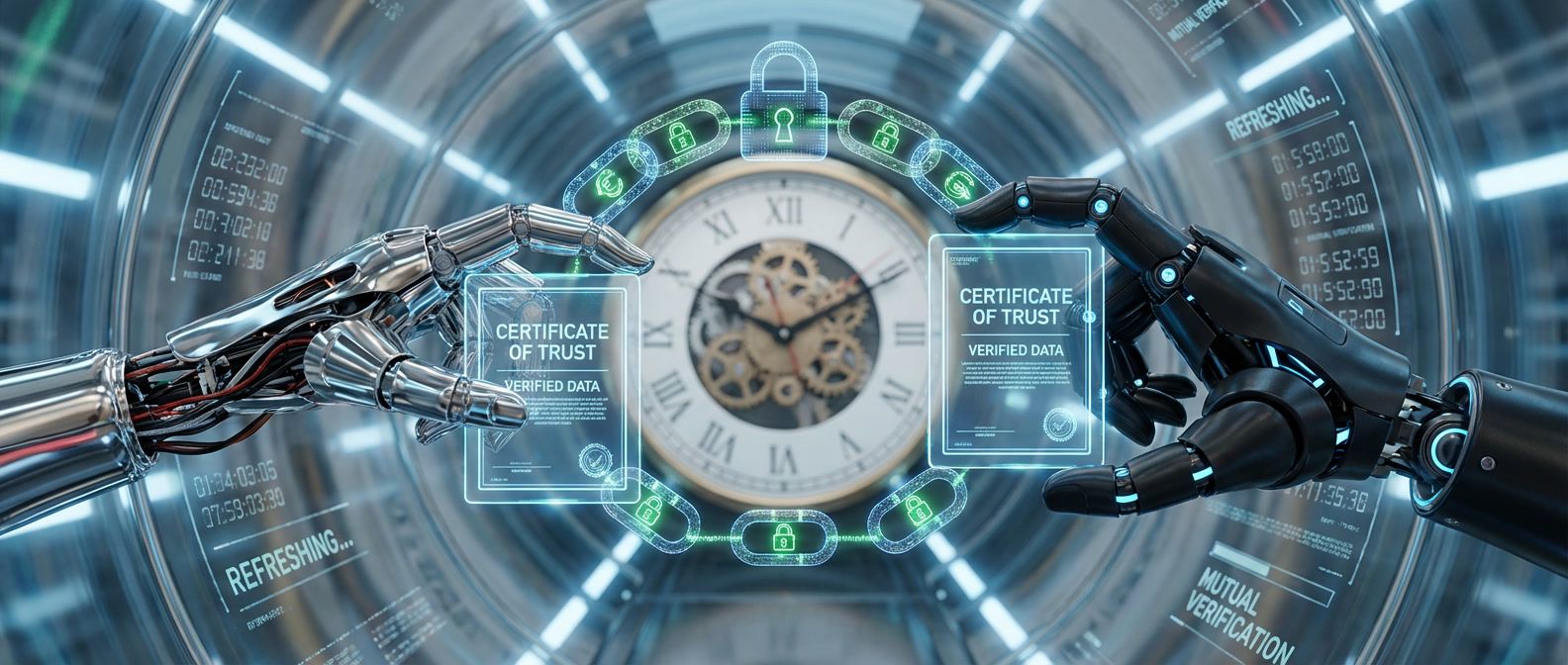 Robotic hands exchanging glowing certificates forming encrypted tunnel with automatic certificate rotation, representing mTLS mutual authentication