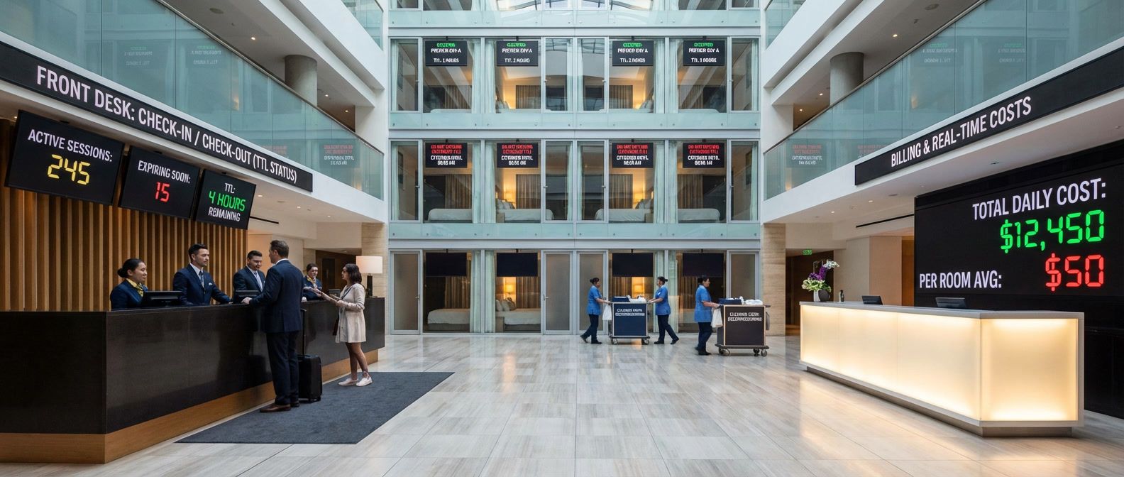 Hotel with rooms as preview environments, showing check-in/check-out with TTL management, extended stays, cleaning crew, and real-time cost billing