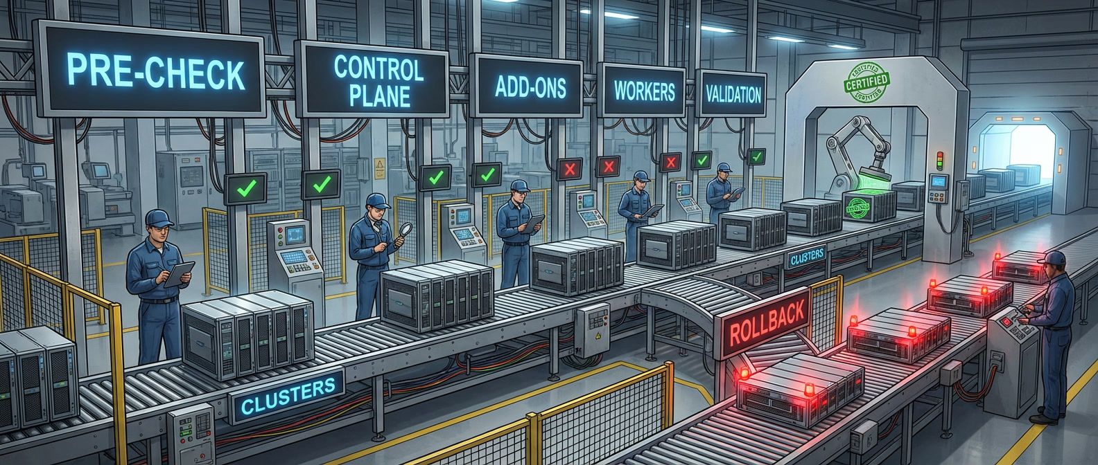 Kubernetes cluster upgrade assembly line with quality control stations from pre-check through validation, with rollback lane and certification