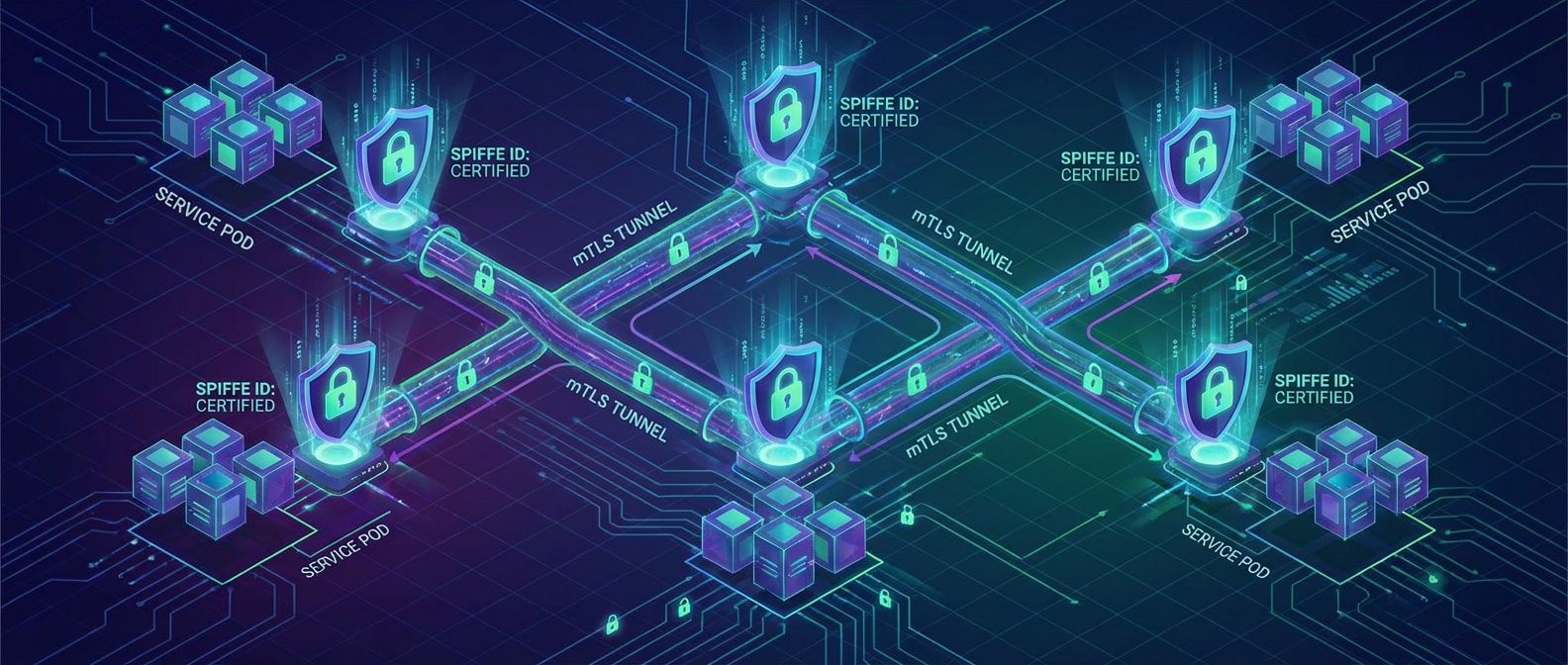 Encrypted mTLS tunnels connecting service pods with SPIFFE identity certificates at each endpoint for cryptographic verification