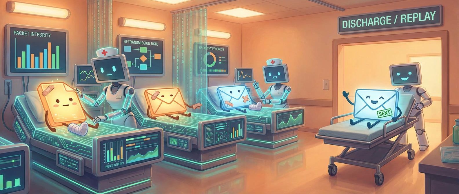 Hospital recovery ward for failed messages with nurse-bots monitoring recovery progress and discharging healthy messages for replay
