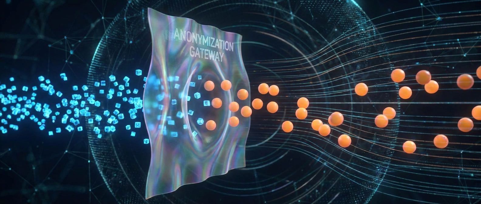 Data points transforming as they pass through anonymization barrier, changing color and shape to represent data anonymization process