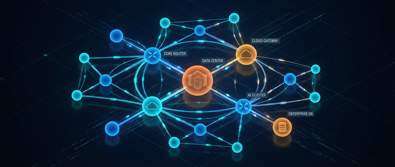 Three-dimensional network topology diagram with illuminated node spheres connected by glowing lines of varying thickness representing traffic importance