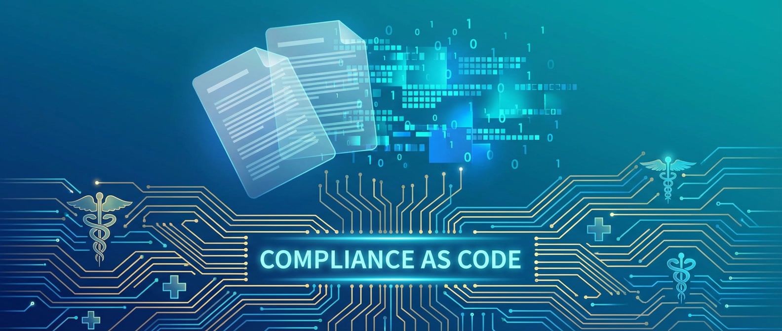 Policy documents transforming into code blocks with medical symbols on circuit board pattern representing compliance as code