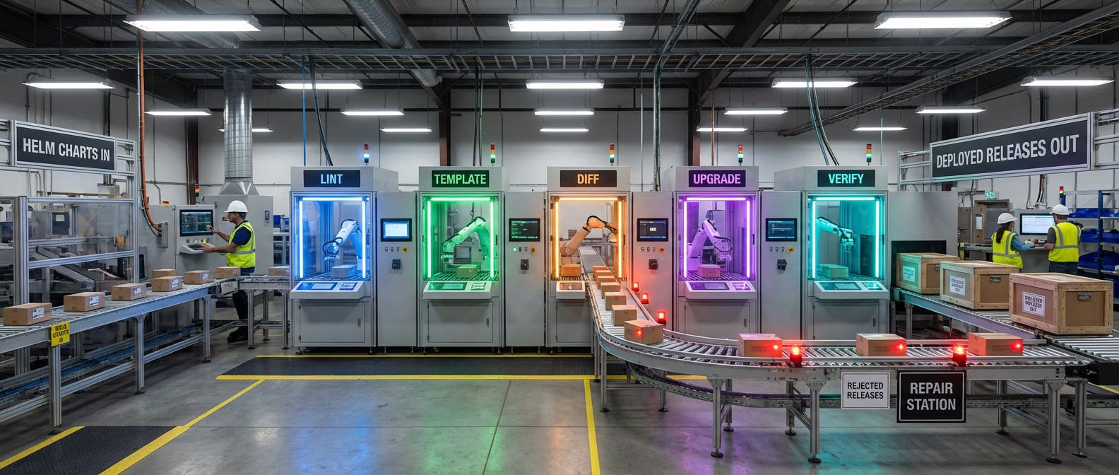 Factory assembly line showing Helm charts progressing through quality control stations from lint to verify, with rejected releases diverted to repair