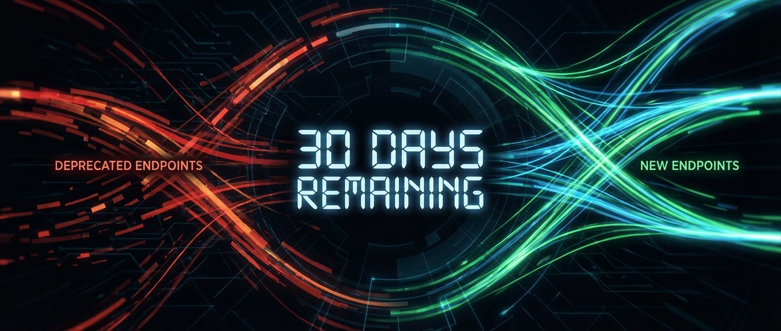Countdown timer showing 30 days remaining with API traffic streams redirecting from deprecated endpoints to new endpoints